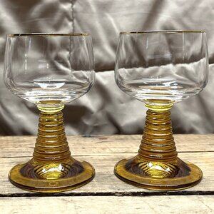 Vintage German Römer/Roemer Wine Glasses - Clear Bowl w/Amber Ribbed Stem